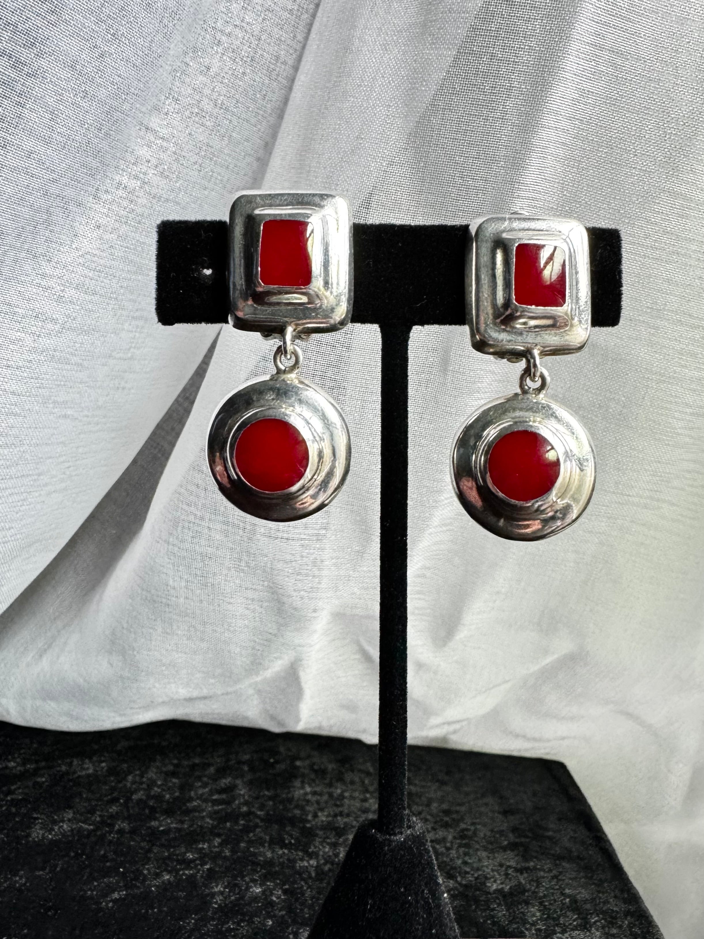 VINTAGE MEXICO  STERLING SILVER RED CORAL CLIP ON  EARRINGS
