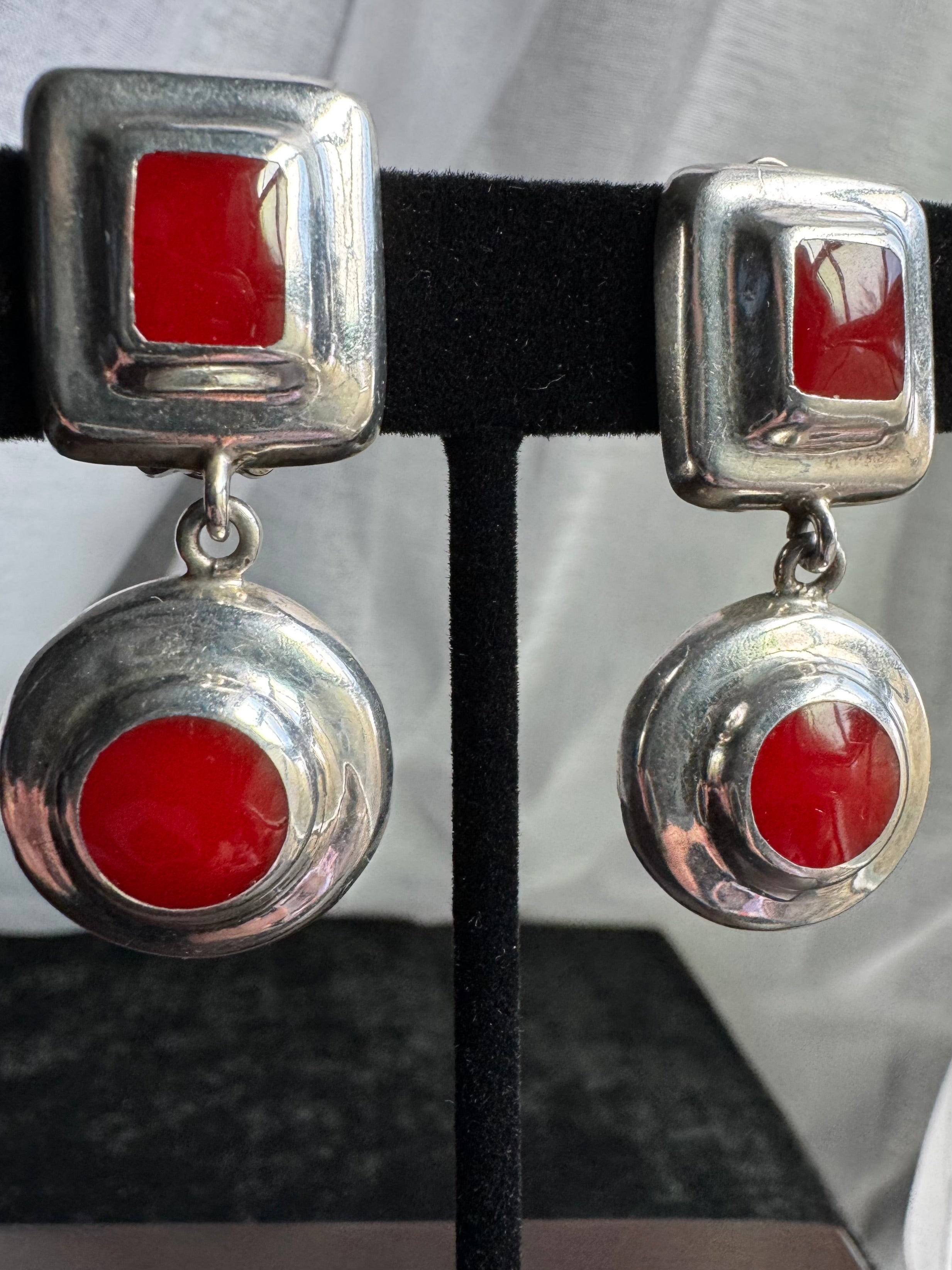 VINTAGE MEXICO  STERLING SILVER RED CORAL CLIP ON  EARRINGS