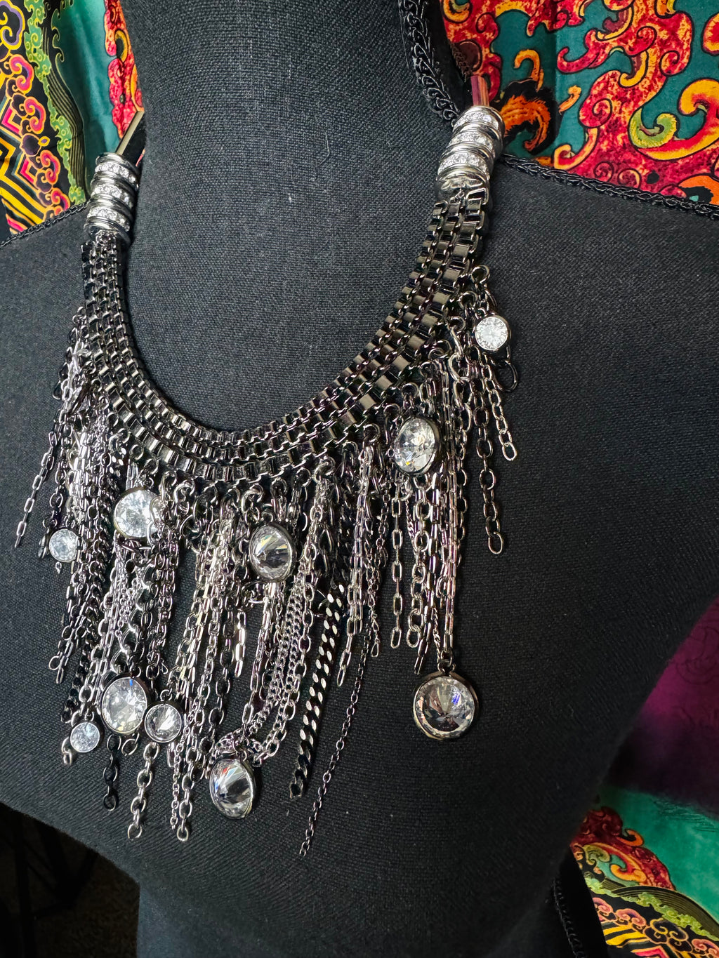 Noir Cascade Crystal Fringe Statement Necklace