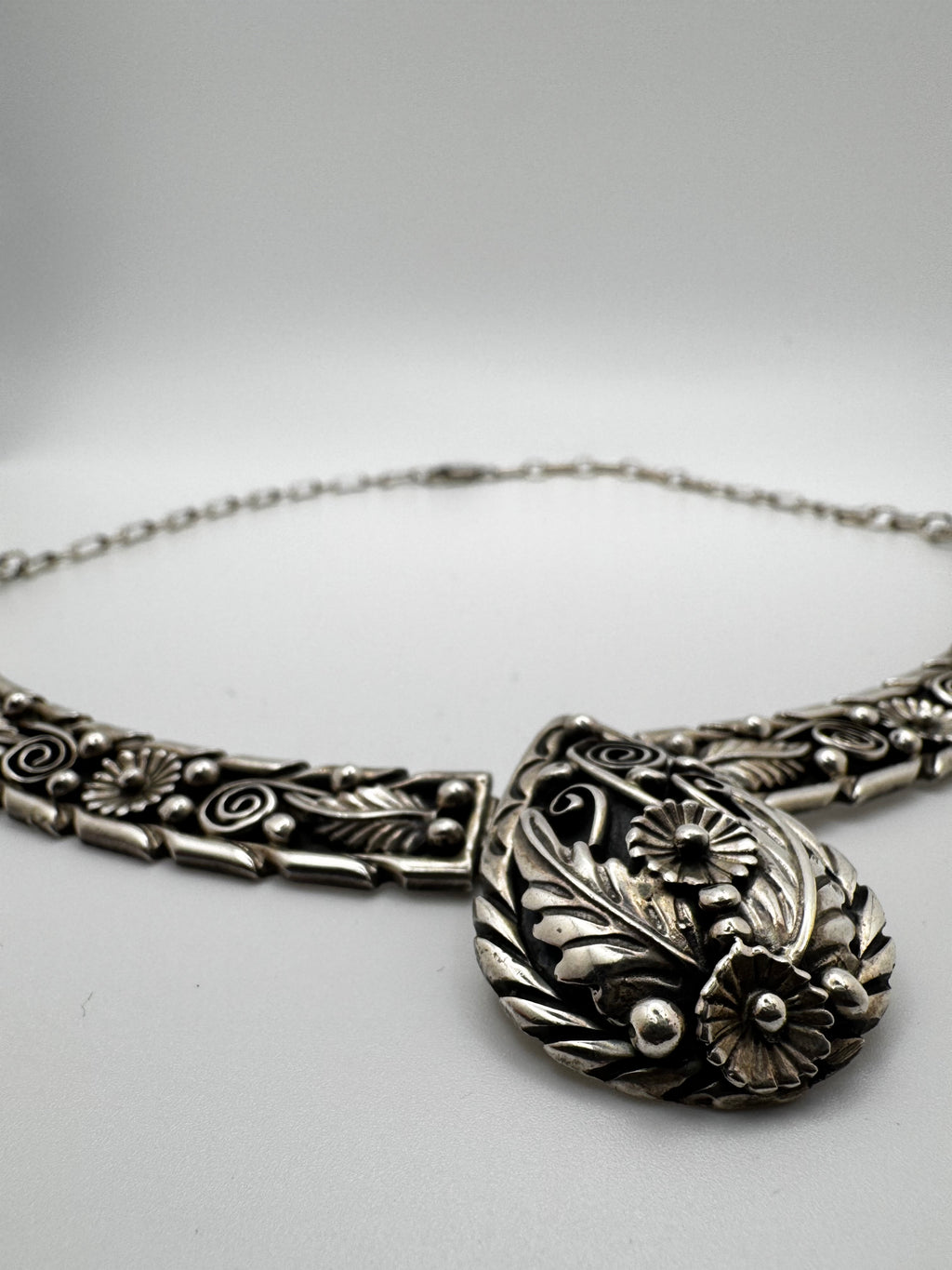 Vintage Fred Adakai Navajo Sterling Silver Panel Collar Necklace - Ornate Floral Repoussé Bib