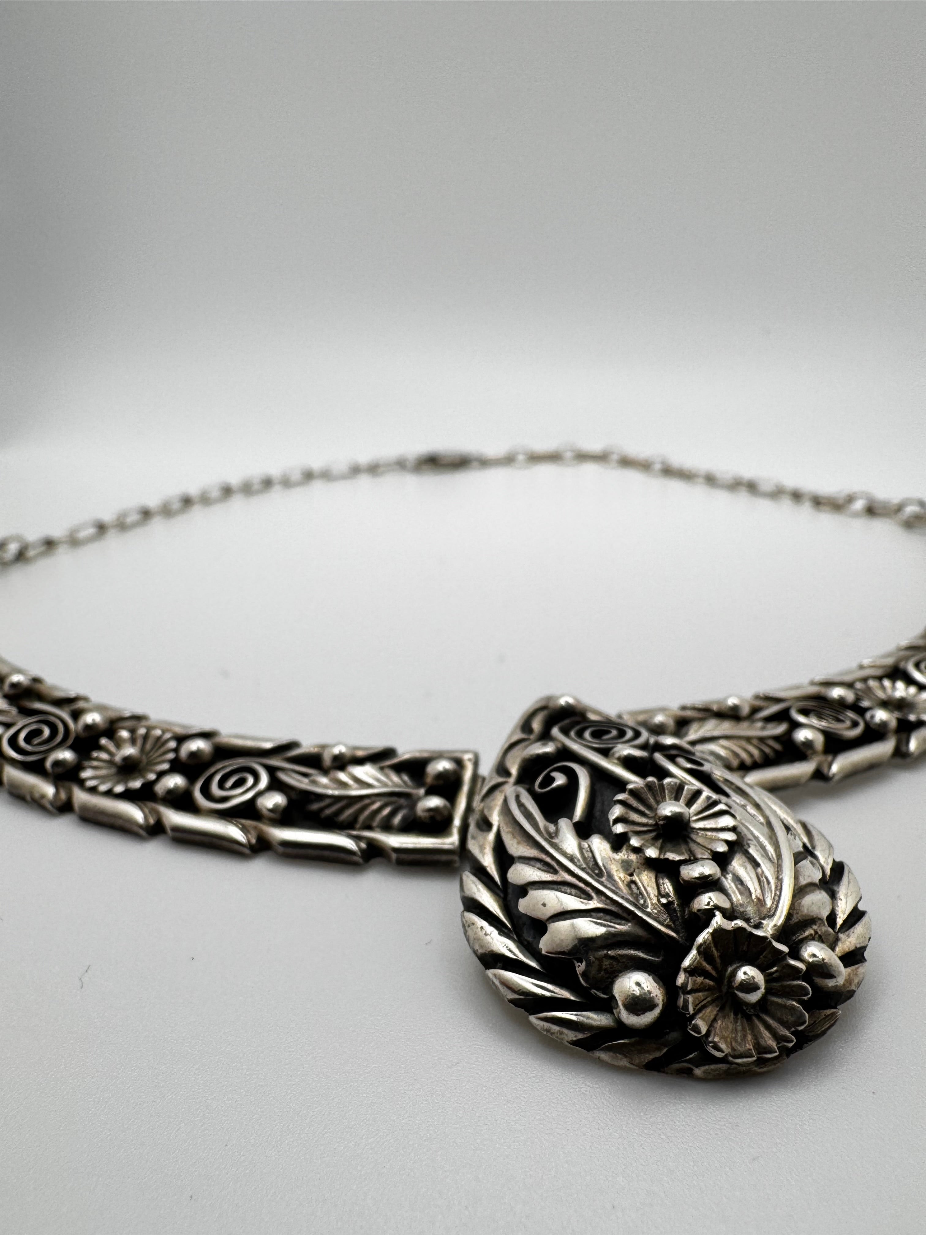 Vintage Fred Adakai Navajo Sterling Silver Panel Collar Necklace - Ornate Floral Repoussé Bib