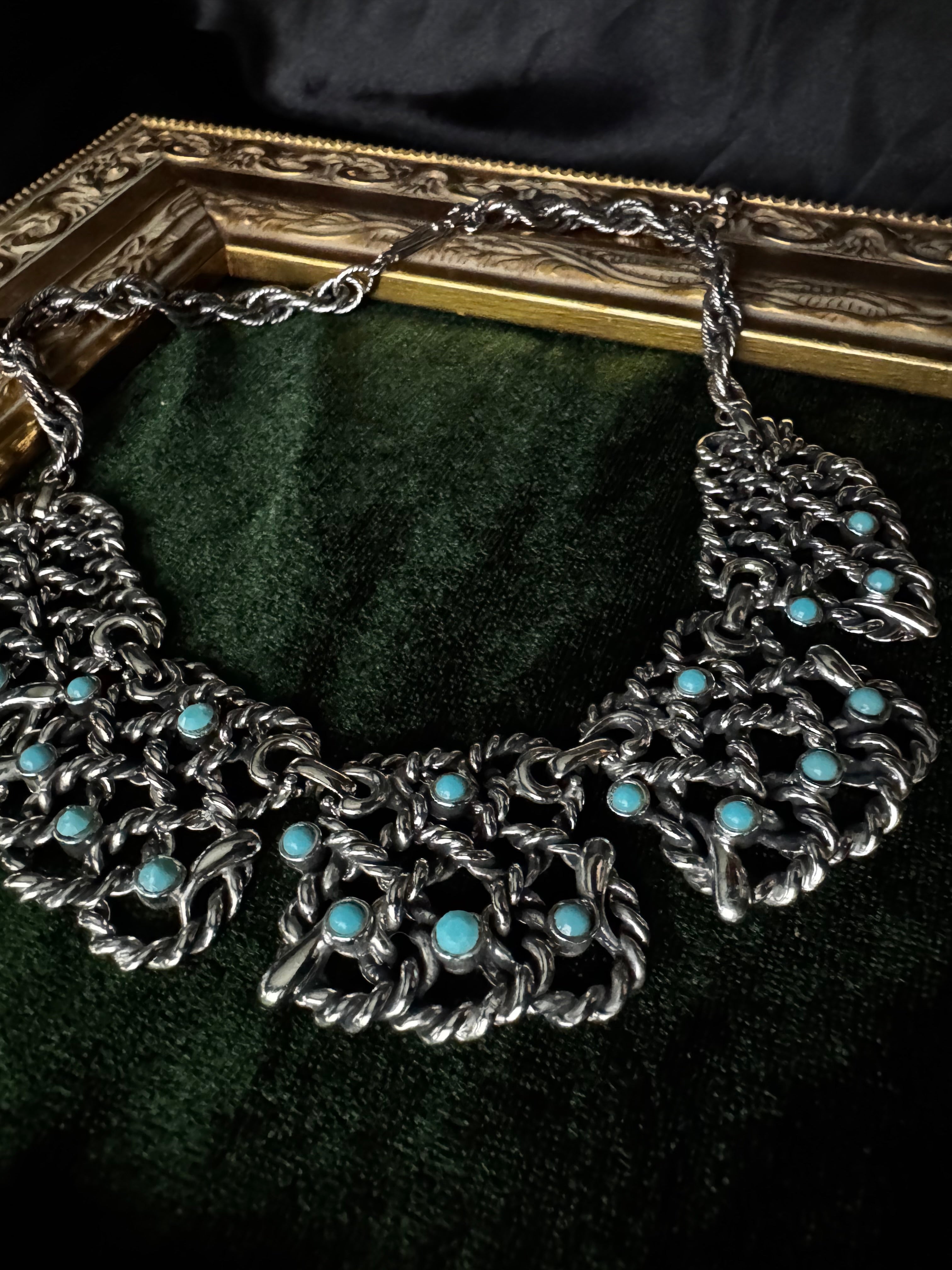 Vintage Silvertone Chainmail Statement Collar Necklace with Turquoise Cabochons