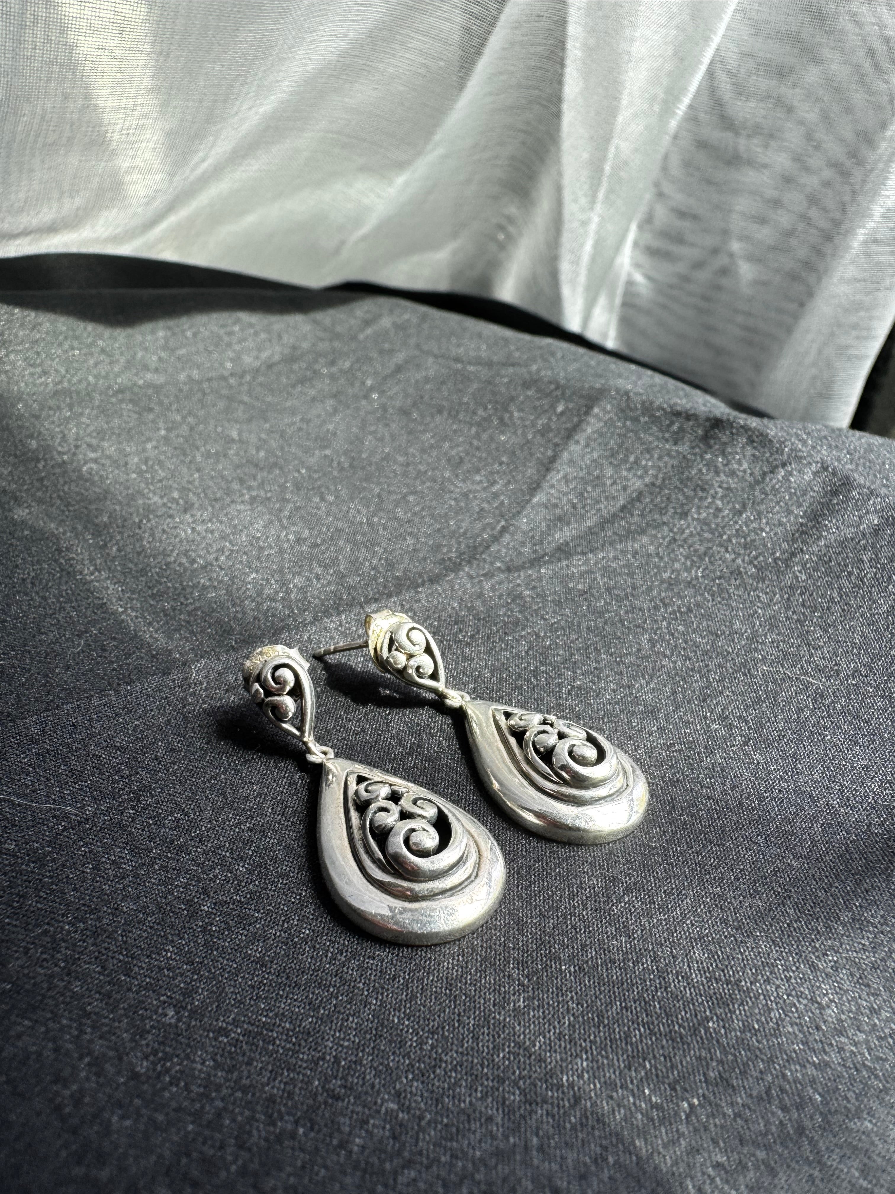 Vintage CSK Thailand 925 Sterling Silver Filigree Teardrop Dangle Earrings