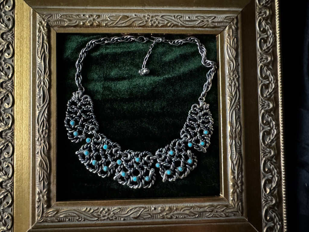 Vintage Silvertone Chainmail Statement Collar Necklace with Turquoise Cabochons