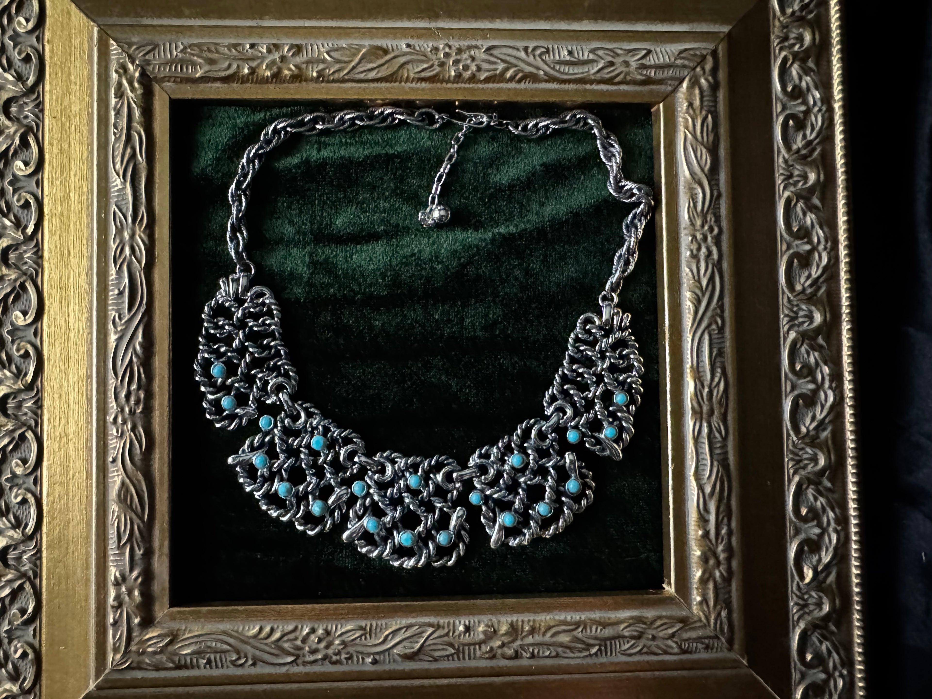 Vintage Silvertone Chainmail Statement Collar Necklace with Turquoise Cabochons