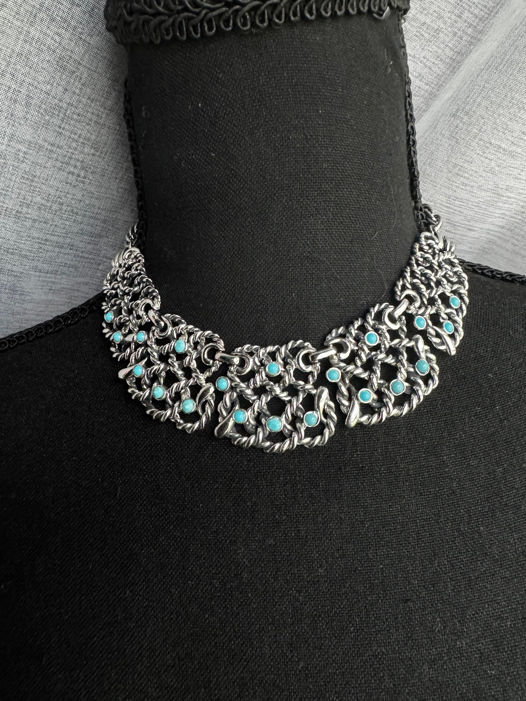 Vintage Silvertone Chainmail Statement Collar Necklace with Turquoise Cabochons