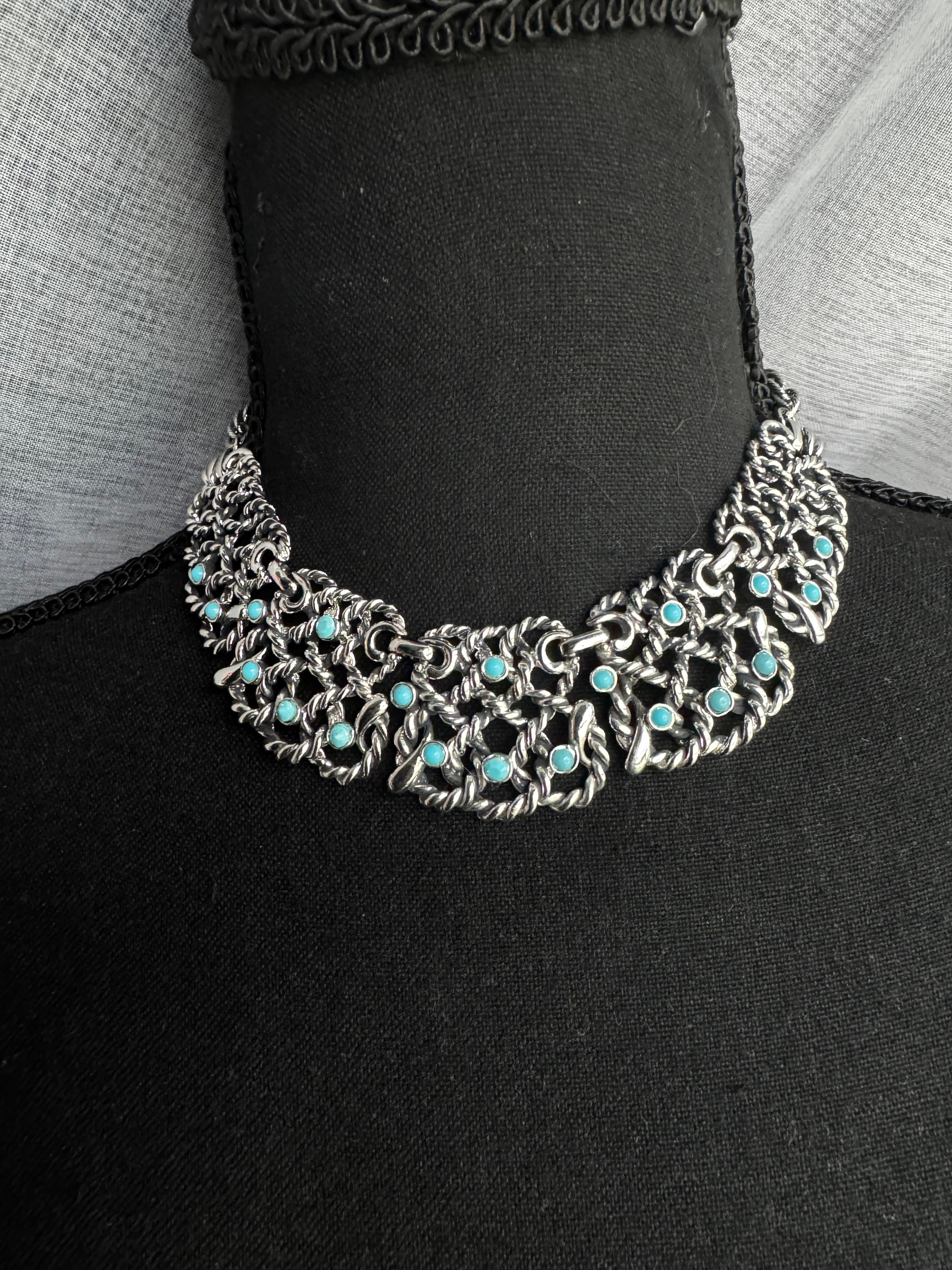 Vintage Silvertone Chainmail Statement Collar Necklace with Turquoise Cabochons