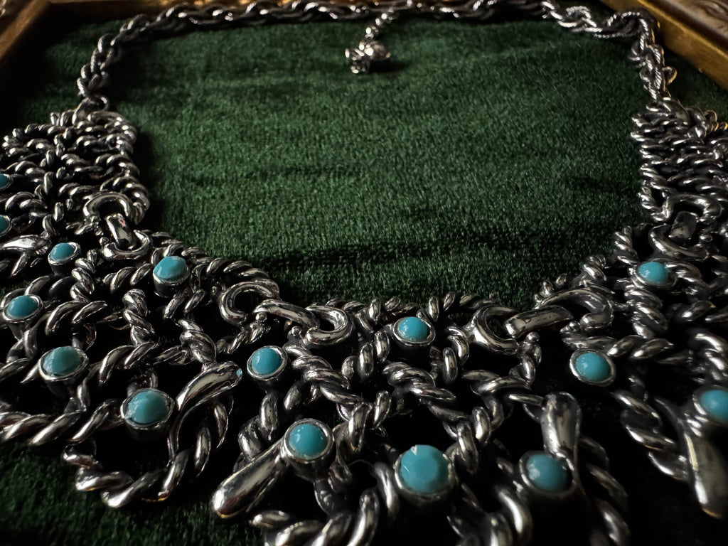 Vintage Silvertone Chainmail Statement Collar Necklace with Turquoise Cabochons