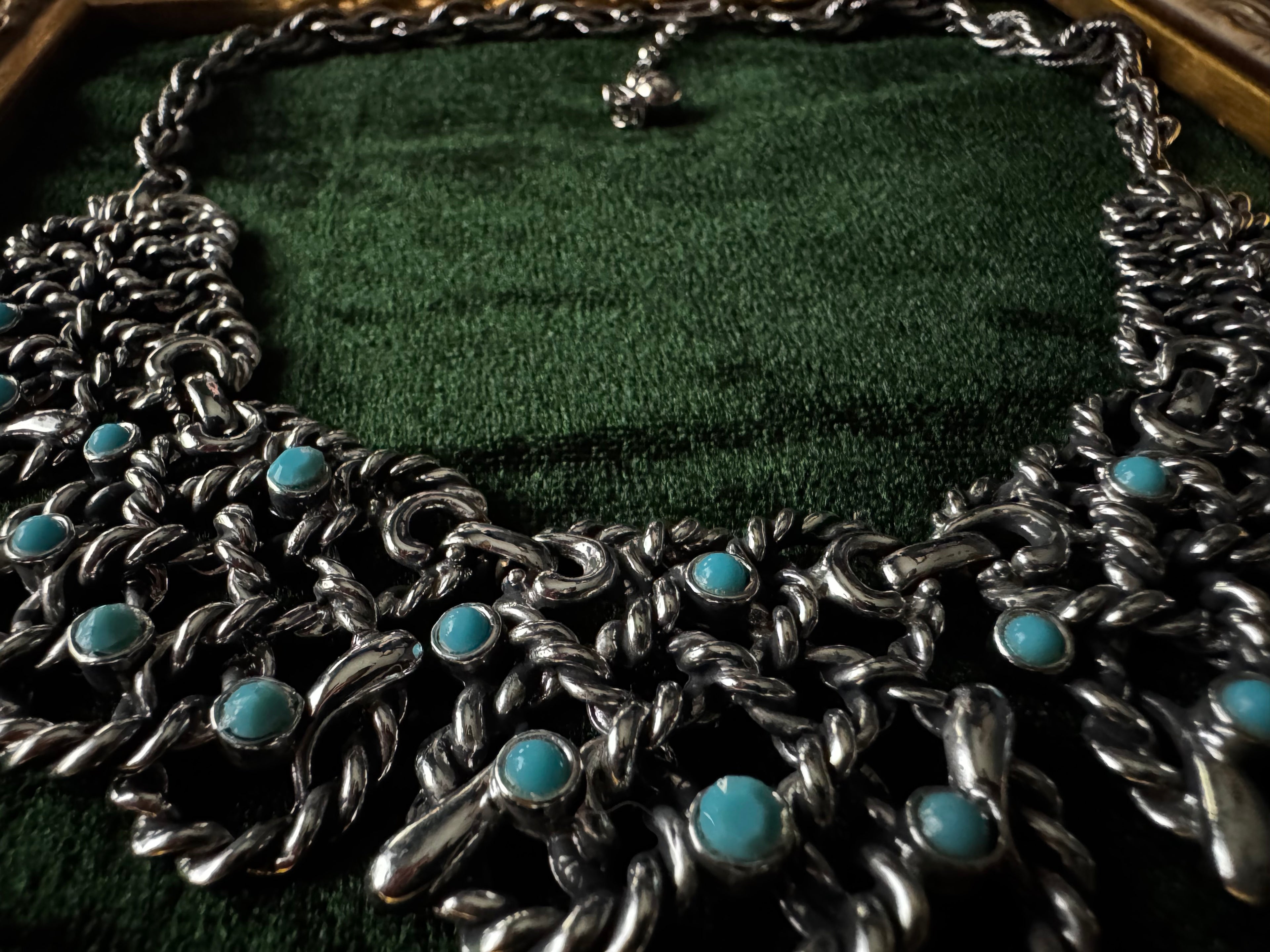 Vintage Silvertone Chainmail Statement Collar Necklace with Turquoise Cabochons