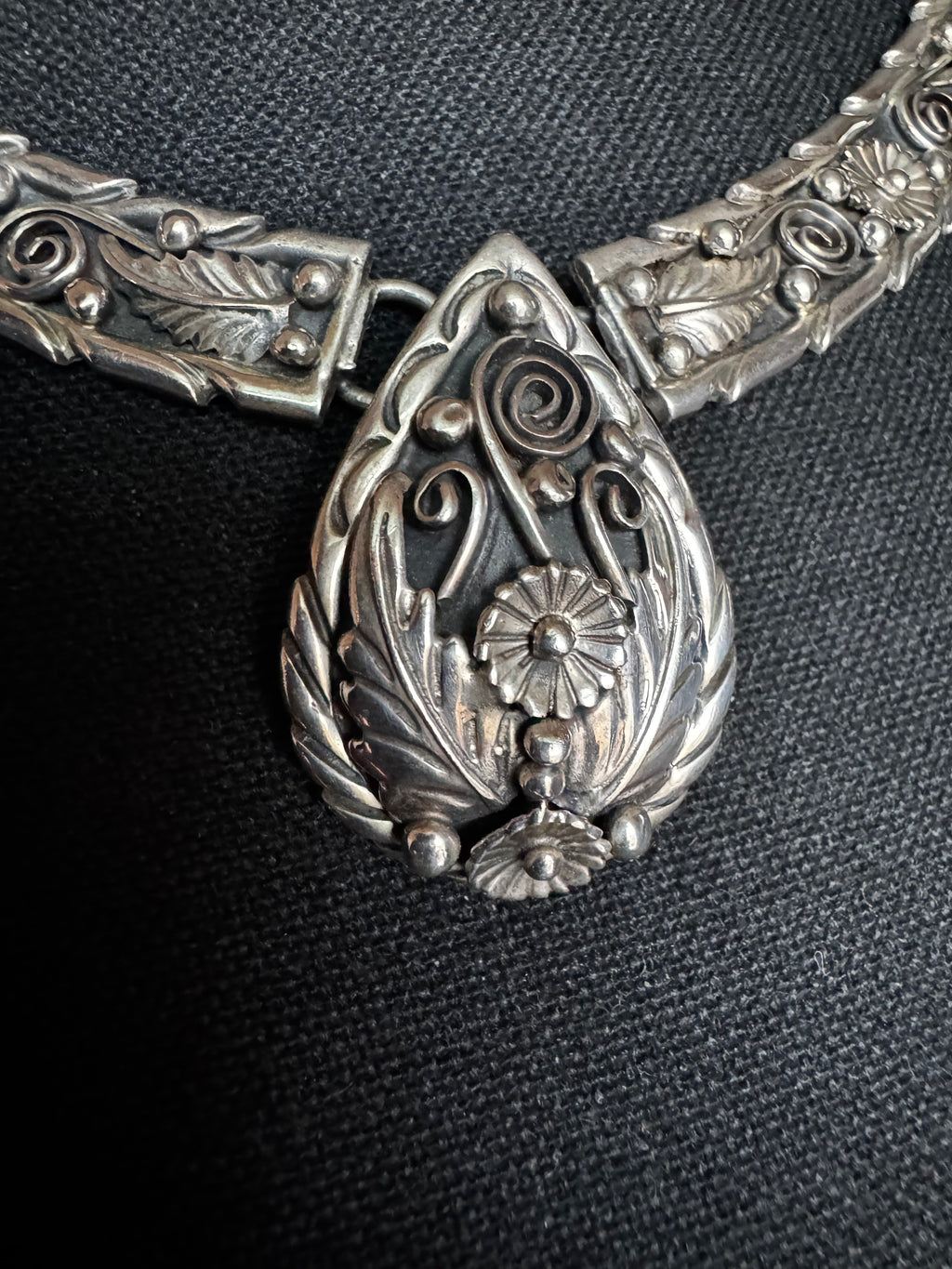 Vintage Fred Adakai Navajo Sterling Silver Panel Collar Necklace - Ornate Floral Repoussé Bib