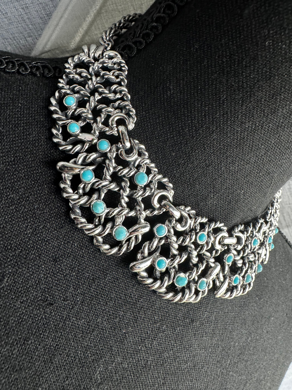 Vintage Silvertone Chainmail Statement Collar Necklace with Turquoise Cabochons
