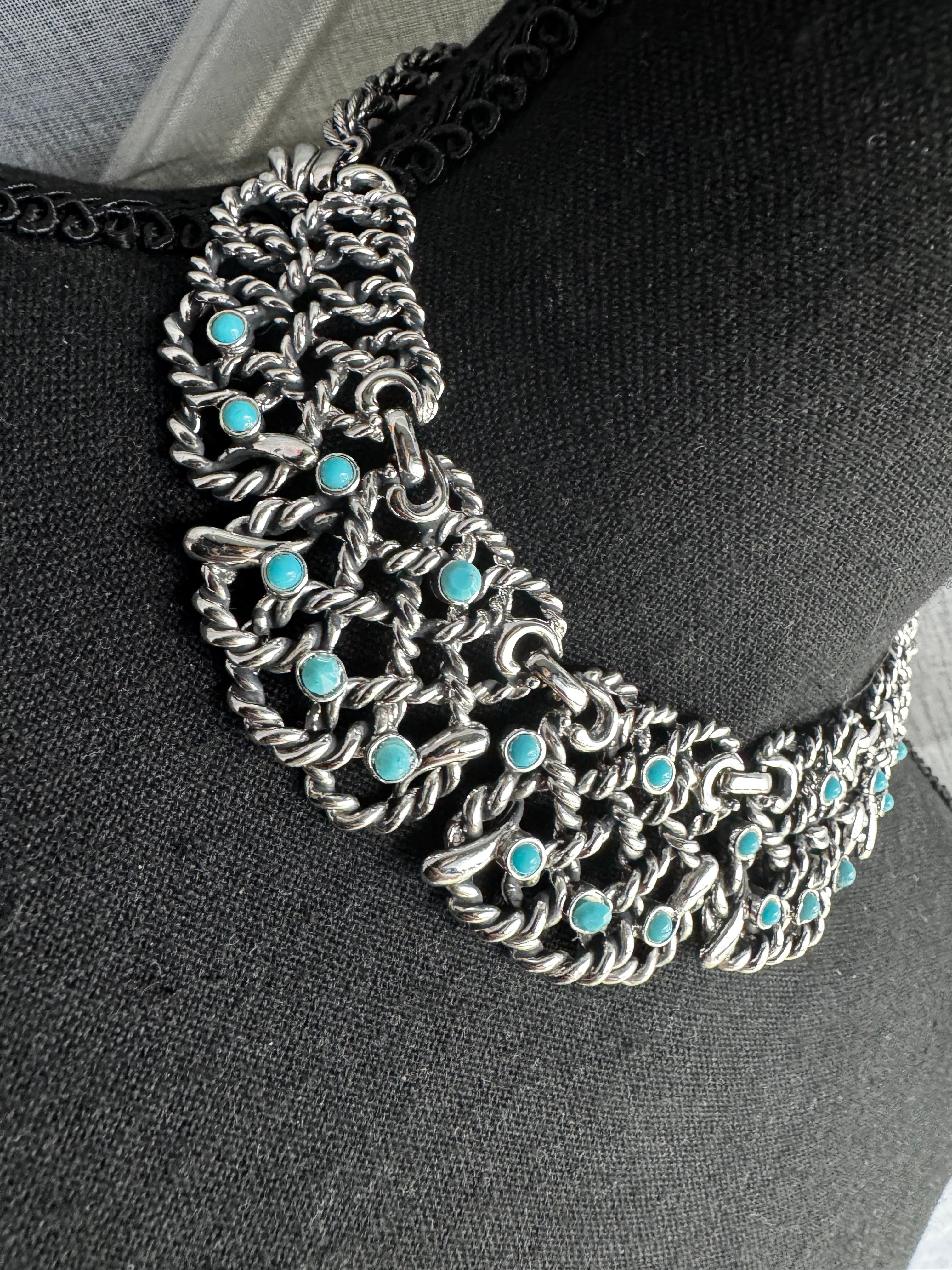 Vintage Silvertone Chainmail Statement Collar Necklace with Turquoise Cabochons