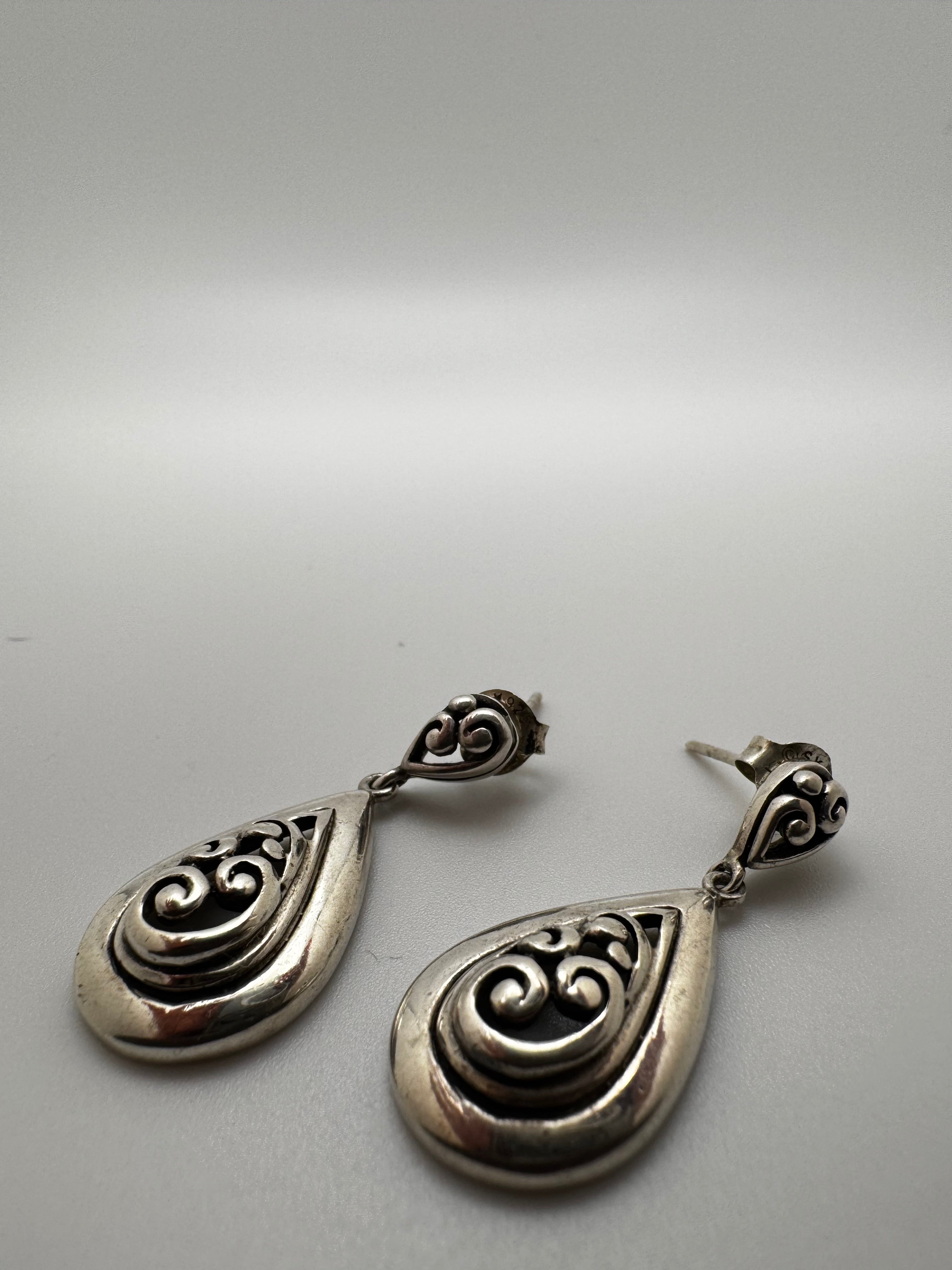 Vintage CSK Thailand 925 Sterling Silver Filigree Teardrop Dangle Earrings