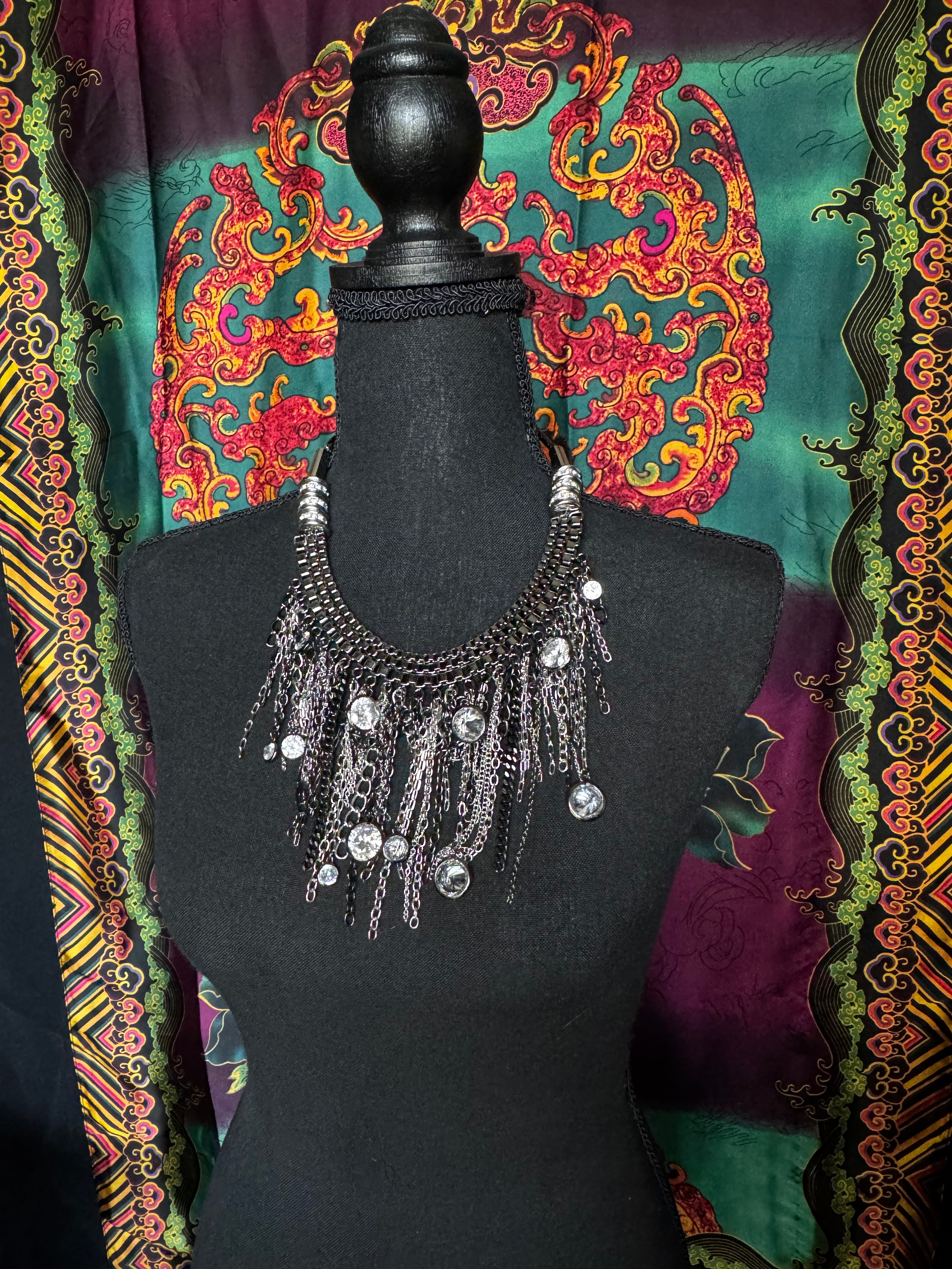 Noir Cascade Crystal Fringe Statement Necklace