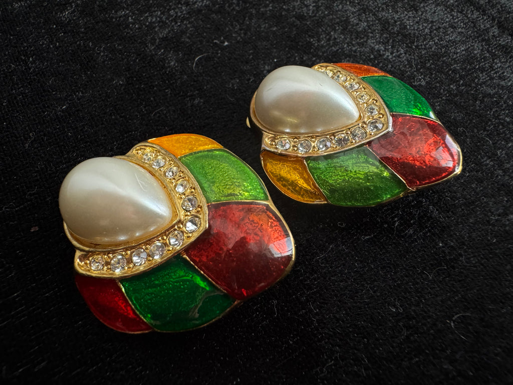Venetian Pearl & Jewel Tone Clip-On Earrings