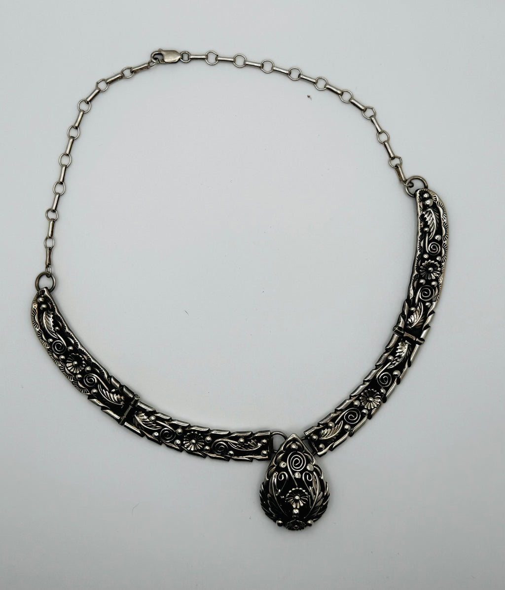 Vintage Fred Adakai Navajo Sterling Silver Panel Collar Necklace - Ornate Floral Repoussé Bib