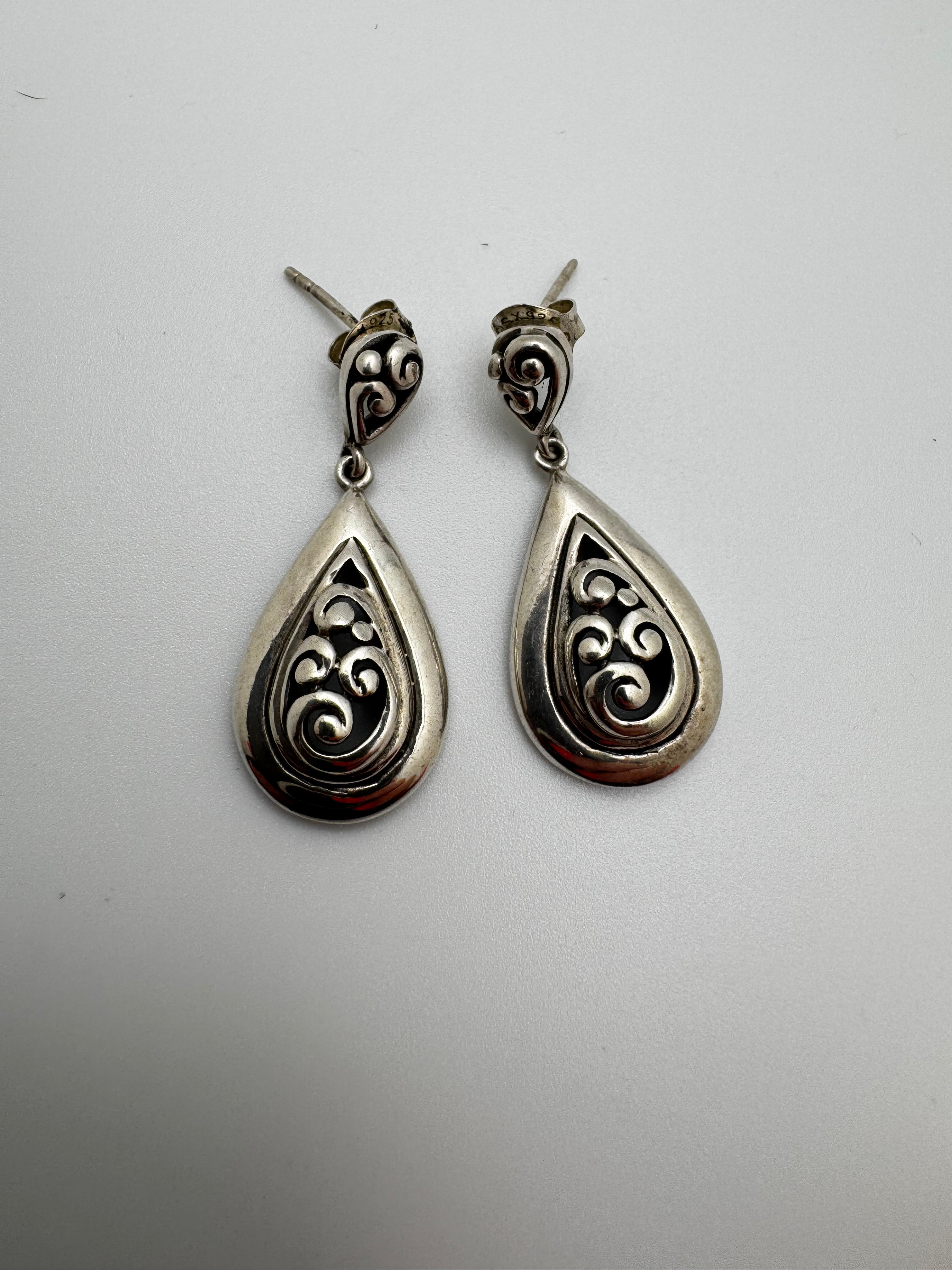 Vintage CSK Thailand 925 Sterling Silver Filigree Teardrop Dangle Earrings