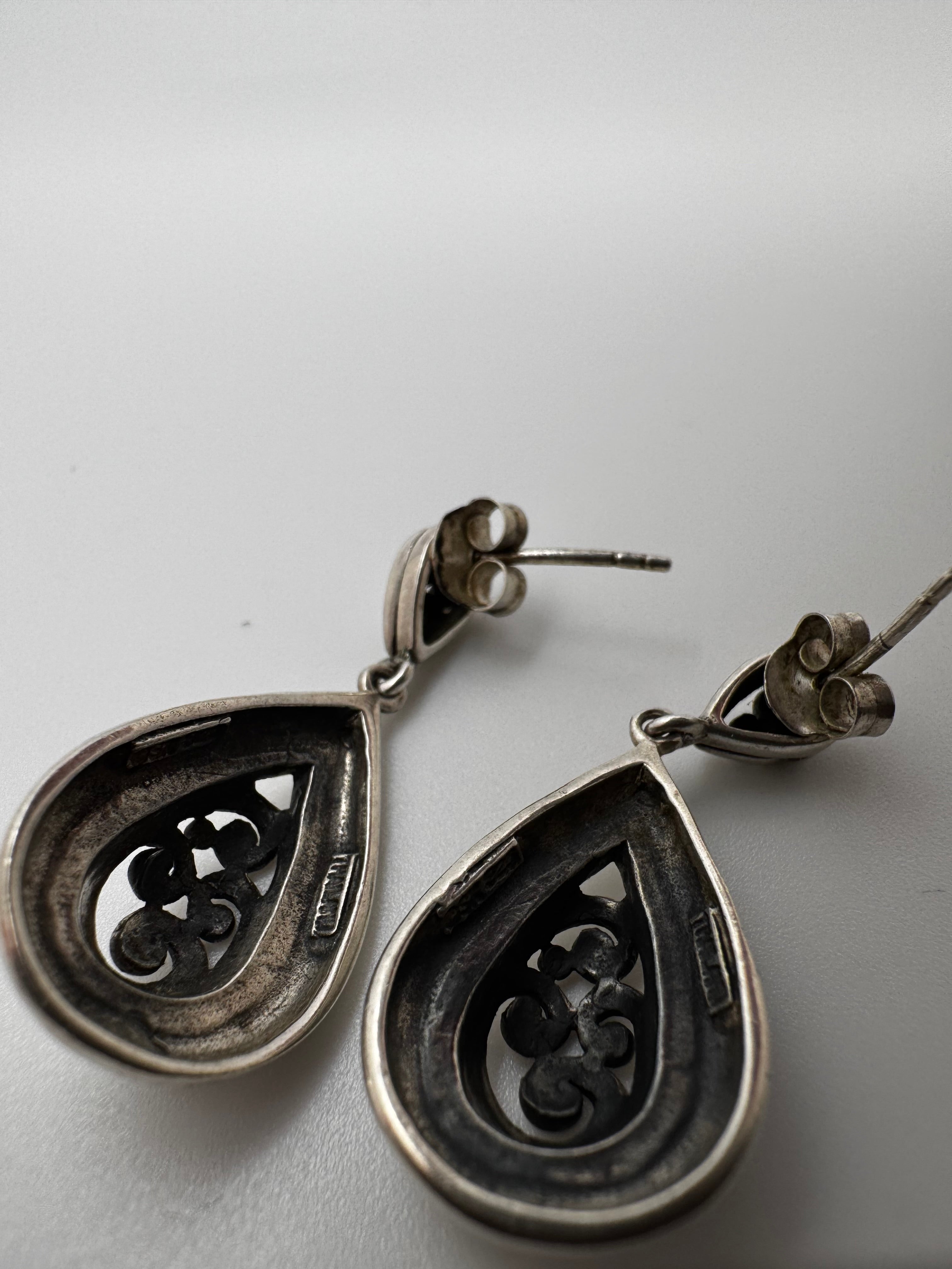 Vintage CSK Thailand 925 Sterling Silver Filigree Teardrop Dangle Earrings