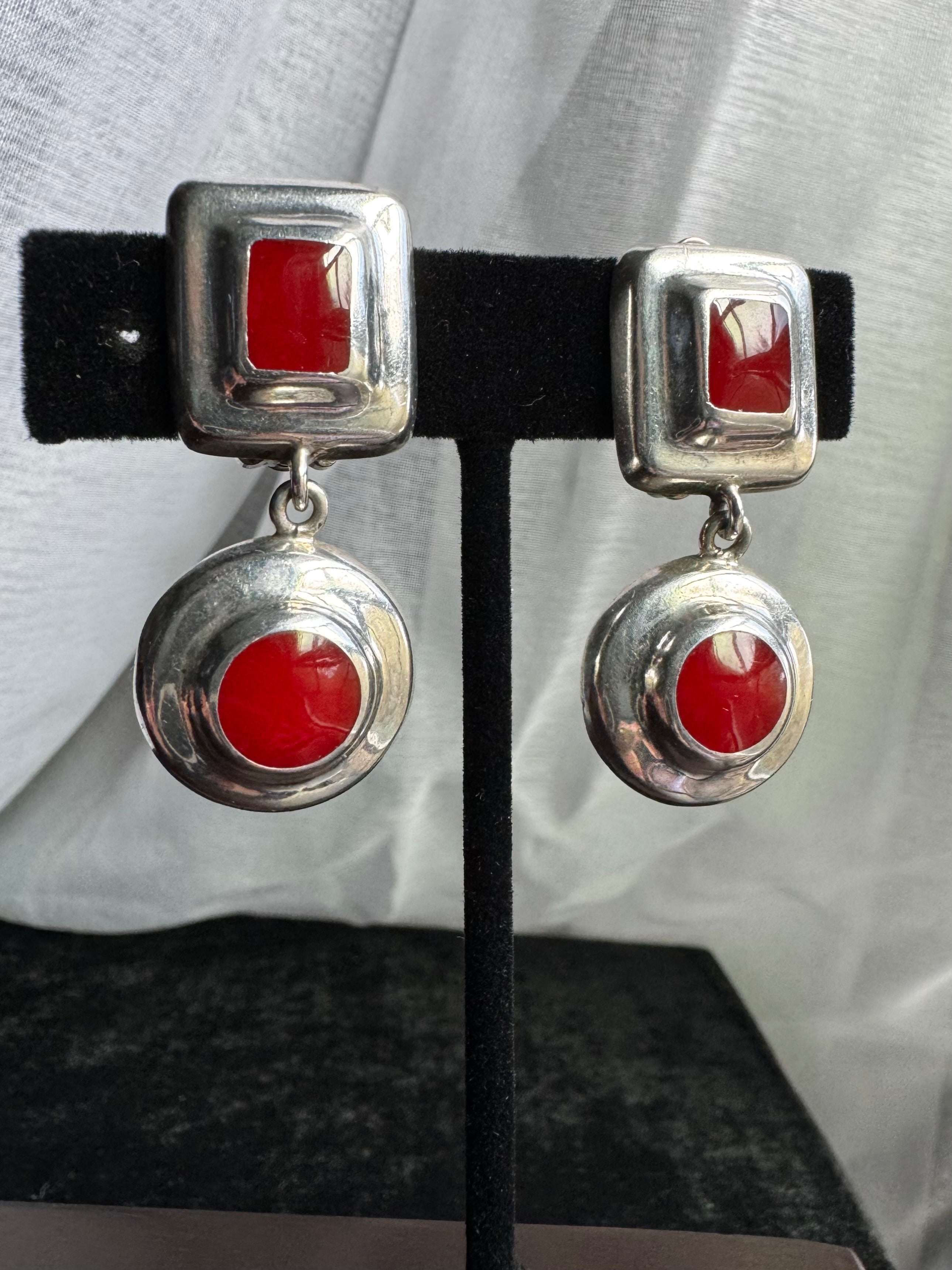 VINTAGE MEXICO  STERLING SILVER RED CORAL CLIP ON  EARRINGS