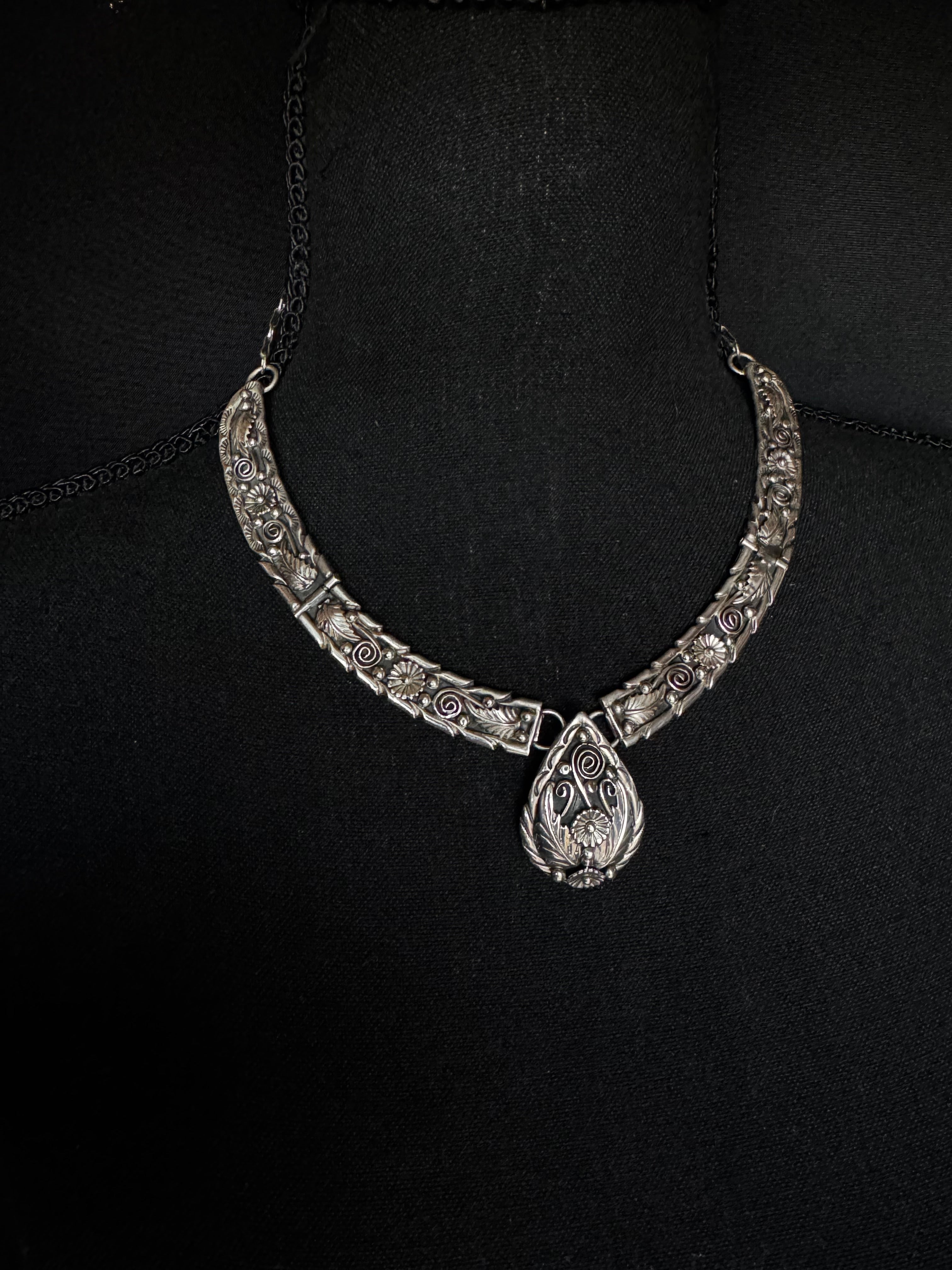 Vintage Fred Adakai Navajo Sterling Silver Panel Collar Necklace - Ornate Floral Repoussé Bib