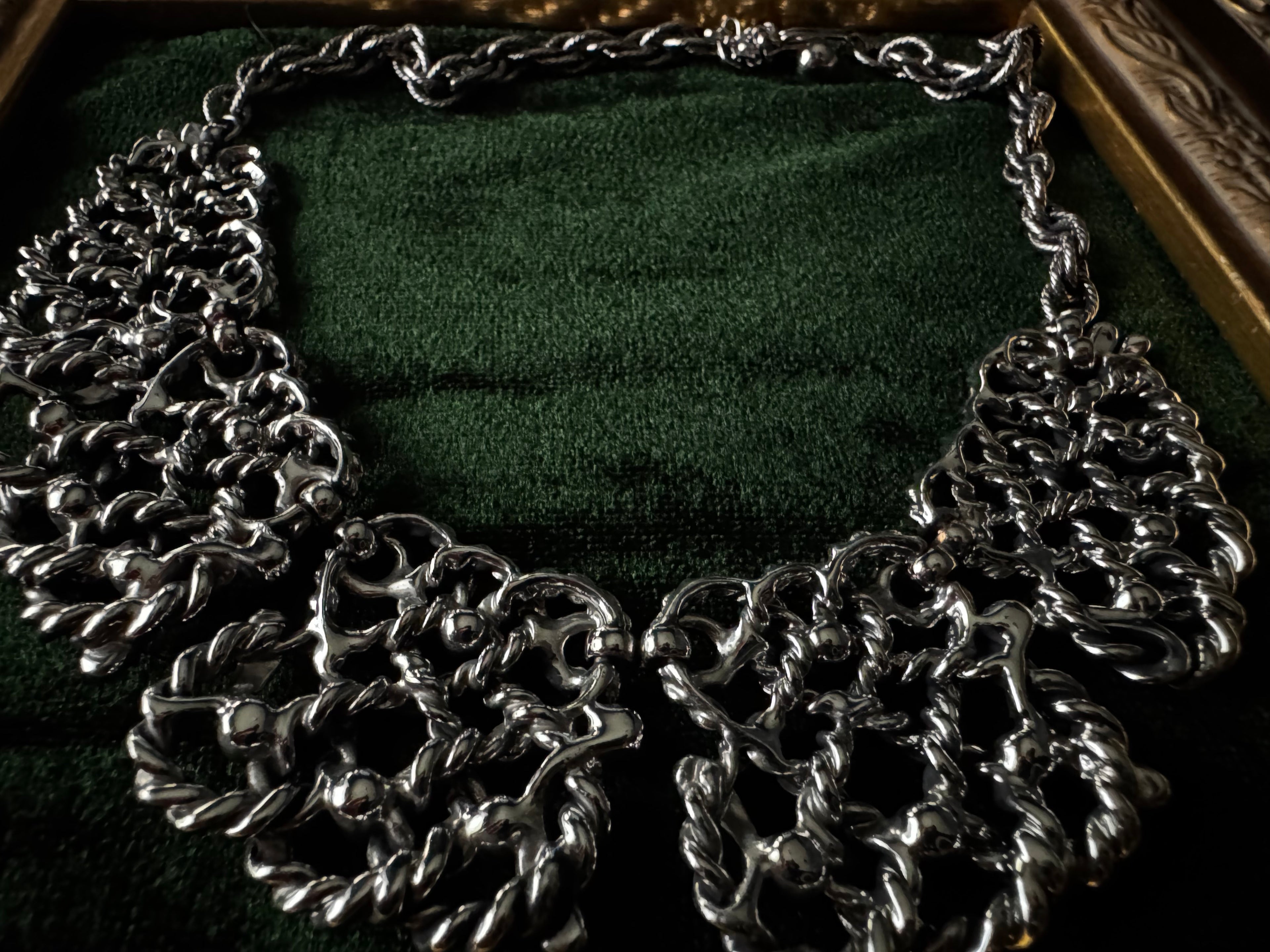 Vintage Silvertone Chainmail Statement Collar Necklace with Turquoise Cabochons